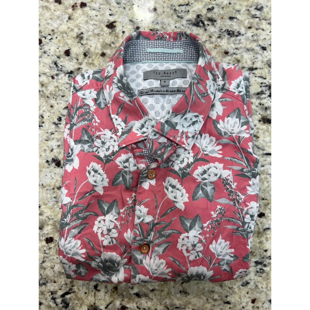 Ted Baker London Mens Floral Short Sleeve Button Down Shirt Coral Pink Size 3 M